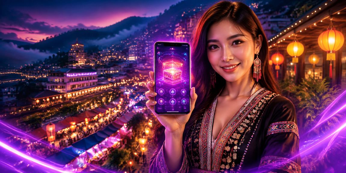Người dùng sử dụng ứng dụng casino trực tuyến trên điện thoại tại phố cổ Hội An rực đèn lồng
